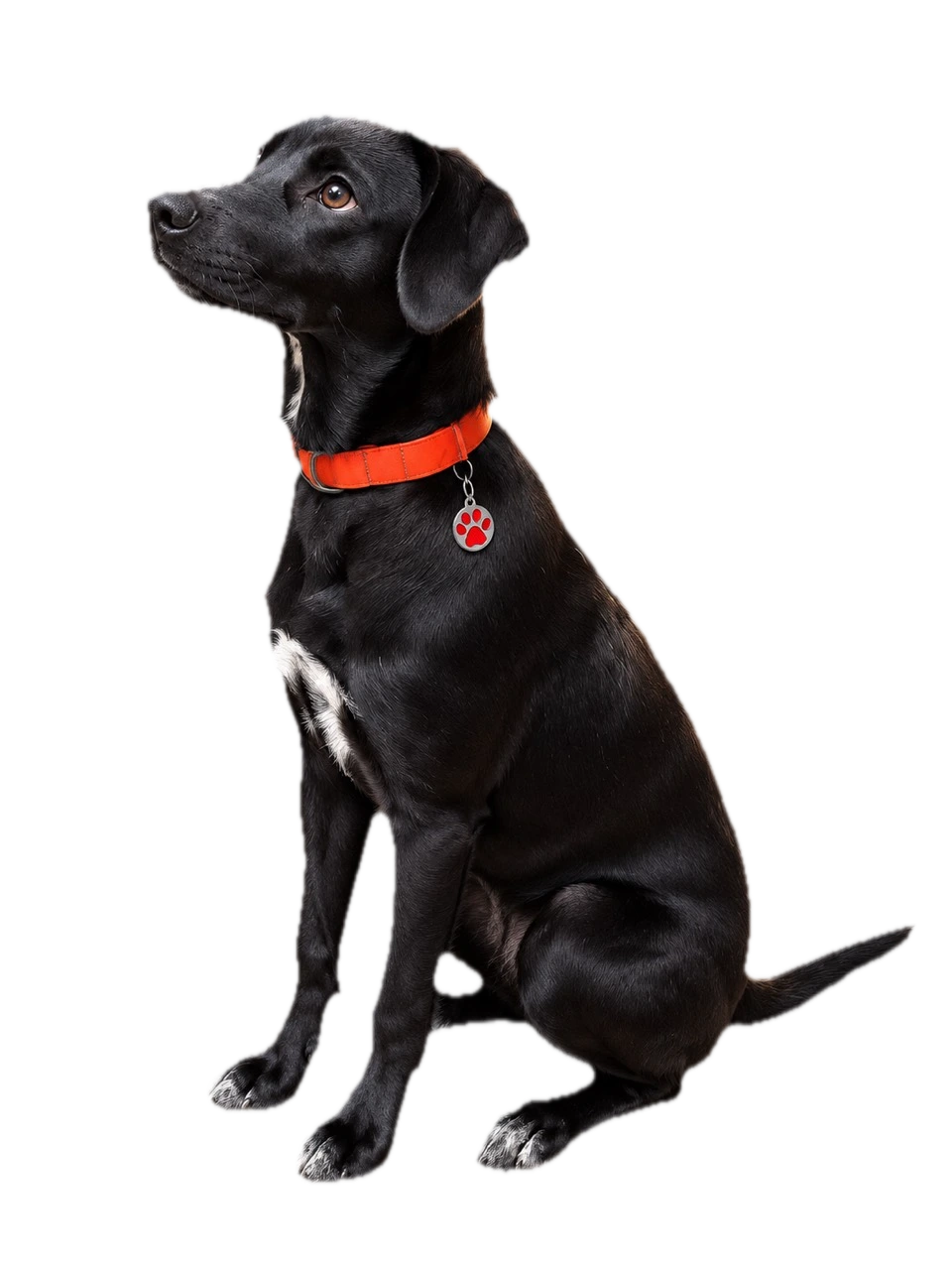 Millie, a lean young black Labrador mix with brown eyes, white chest markings, and a red-orange collar